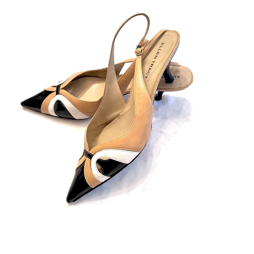 Ellen Tracy Leather Sling Back W/Kitten Heel | Color: Beige/Black/White | Sz: 11